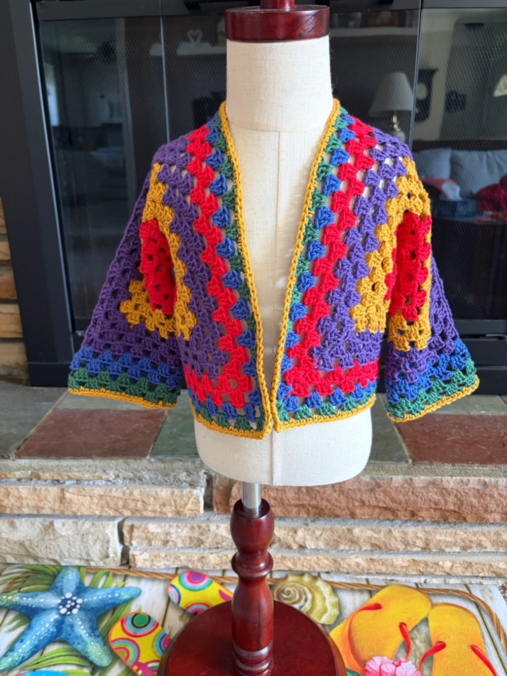Handmade Multicolor Crochet Kids Cape Jacket - Bright Rainbow